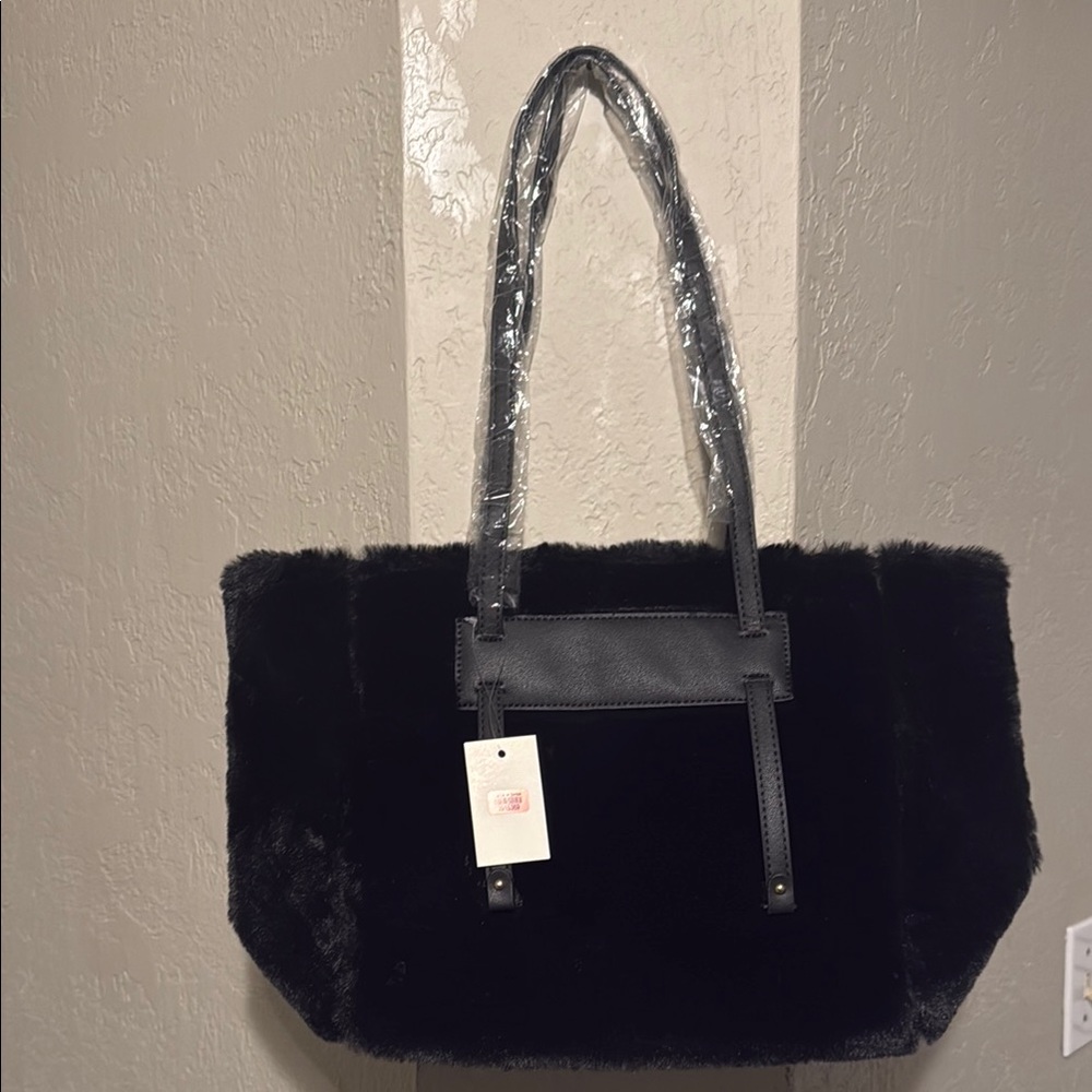 Black Tote Bag with Plush Material and Smooth Handles
